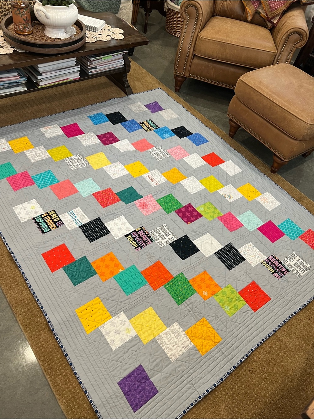 Inspirational Colorful Patchwork Quilted Throw Blanket - Gray Background 58”x70”